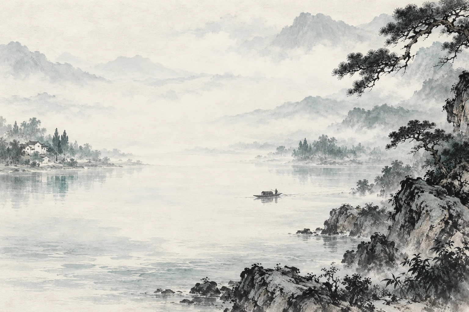 远山隐在烟雨里,白墙黛瓦临水,一叶小舟停在江面